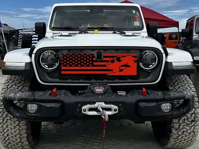 ZKD Customs Grille Insert; Offroad Vehicle Climbing Black and Red American Flag (24-25 Jeep Gladiator JT)