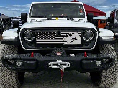 ZKD Customs Grille Insert; Offroad Vehicle Climbing Black and White American Flag (24-25 Jeep Gladiator JT)