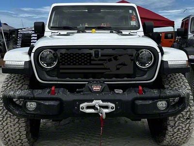 ZKD Customs Grille Insert; Offroad Vehicle Climbing Black and Dark Gray American Flag (24-25 Jeep Wrangler JL)
