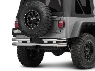 Barricade Double Tubular Rear Bumper with Receiver Hitch; Polished (76-06 Jeep CJ, Wrangler YJ & TJ)