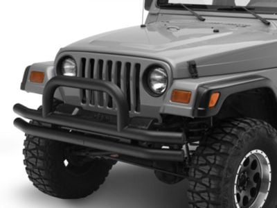 Jeep Licensed by RedRock Double Tubular Front Bumper with Classic Over-Rider Hoop and Jeep Logo; Textured Black (87-06 Jeep Wrangler YJ & TJ)
